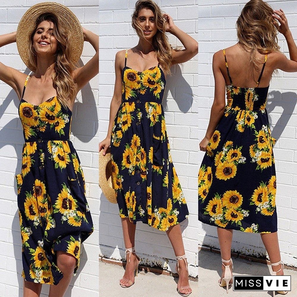 New Summer Women Strap Sundress Boho Style Midi Dress Evening Party Casual Dress Sunflower Print Dresses