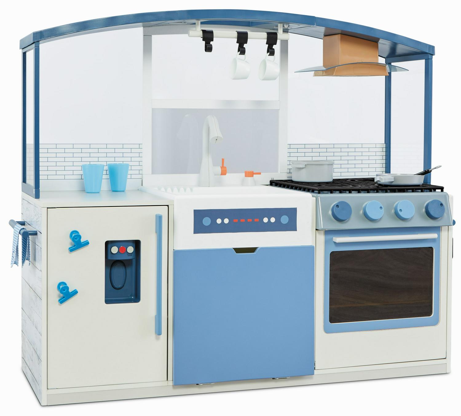 Little Tikes Wood Chef8217s Kitchen 21 Piece Wooden Pretend Play Kitchen Toys Playset Realistic Lights and Sounds Blue and White For Kids Girls Boys Ages 3 4 5+  Crowdfused