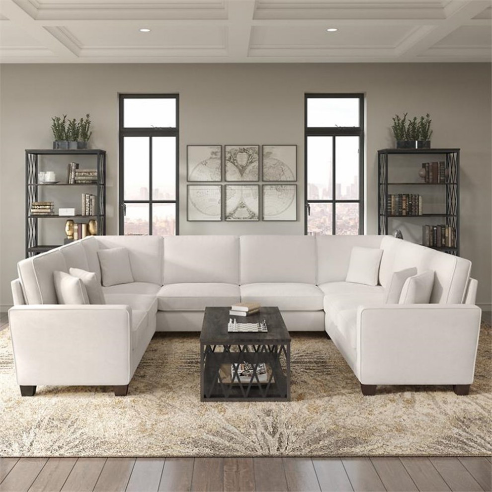 Stockton 125W U Shaped Sectional Couch in Light Beige Microsuede   Sectional Sofas   by Homesquare  Houzz