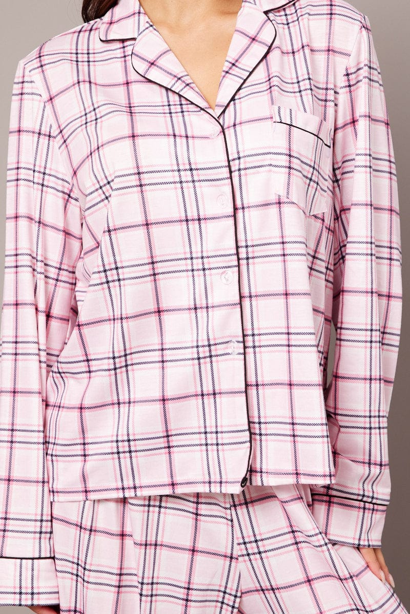 Pink Check PJ Set Jersey Long Leg Piping Pyjama