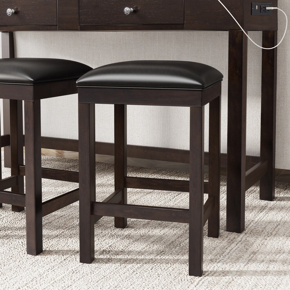 4 Piece Dining Table Set with Socket   Leather Padded Stools  Brown