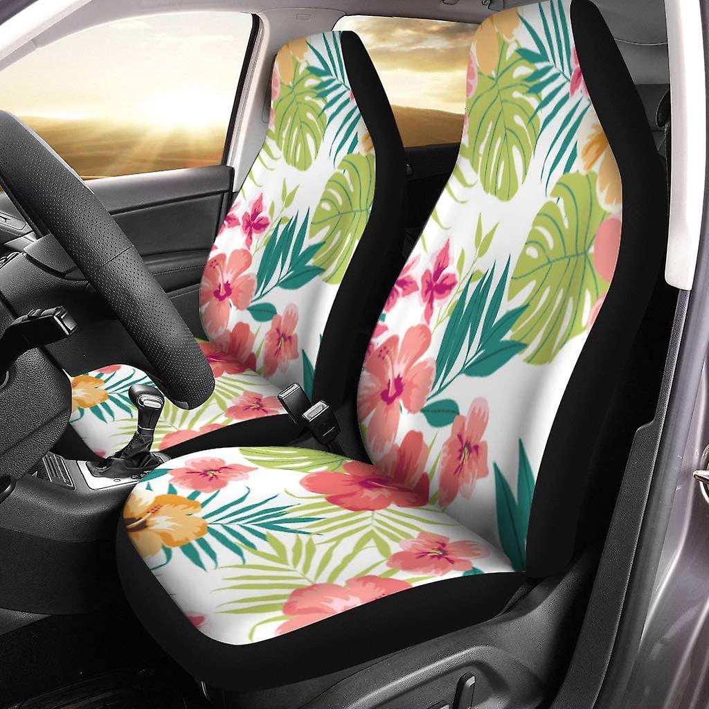 Set Of 2 Car Seat Covers Blue Hawaiian Tropical Flower Pattern Hibiscus Floral Luau Party Universal Auto Front Seats Protector Fits