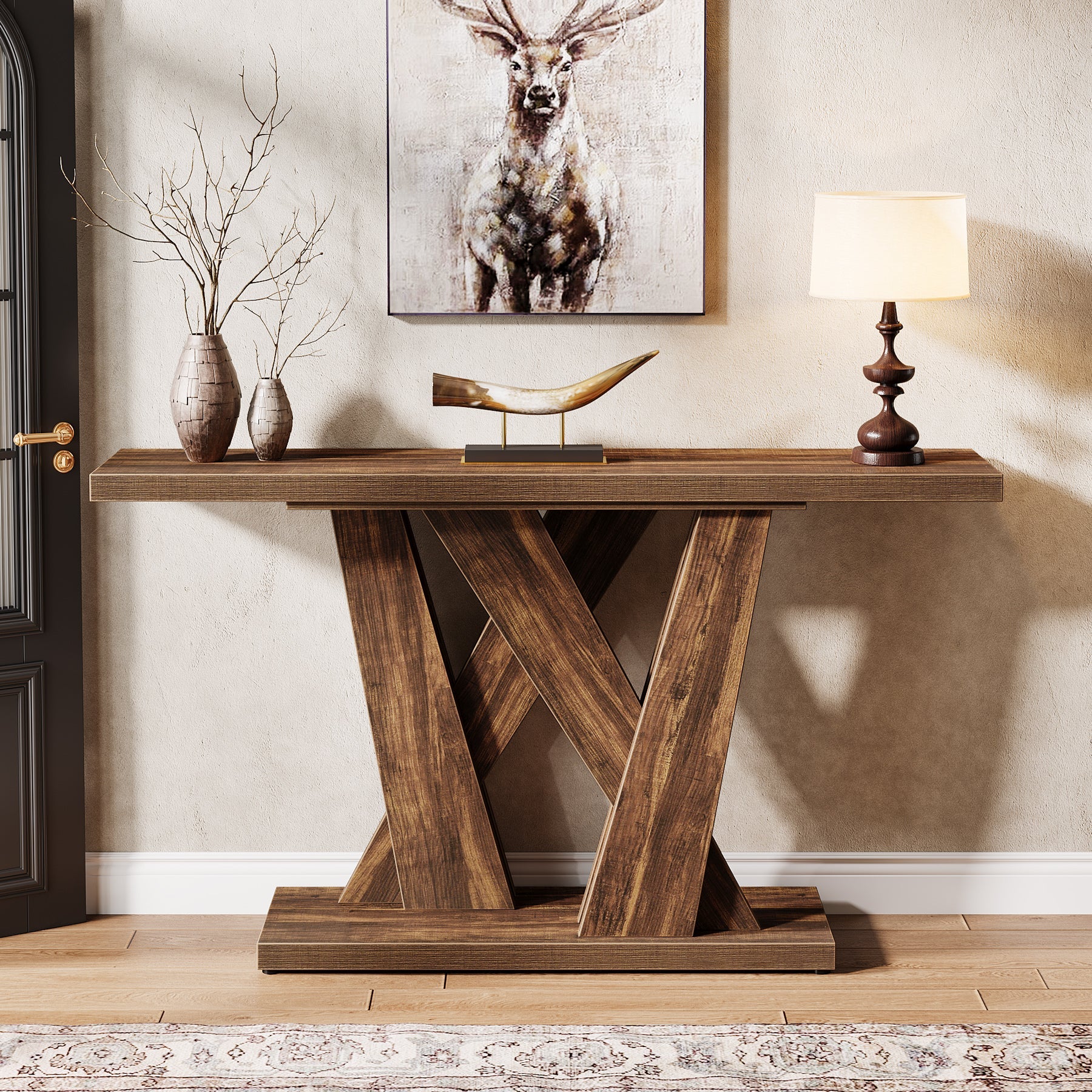 55 Console Table, Farmhouse Entryway Table With Geometric Base