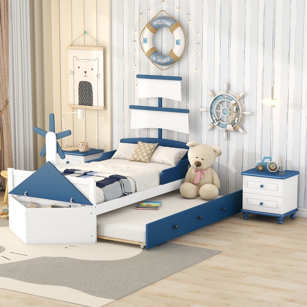 Twin Size Boat Shaped Platform Bed with Trundle and Two Nightstands