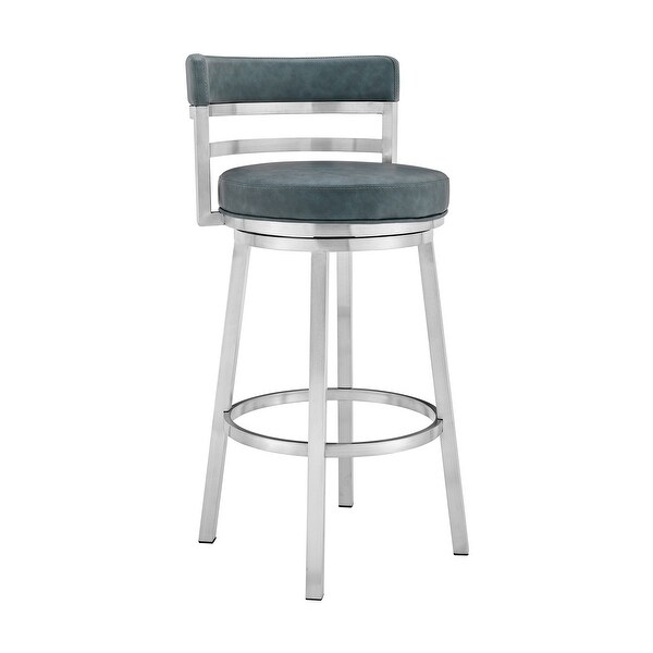 Eva 30 Inch Padded Swivel Bar Stool Chair， Steel Finish， Blue Faux Leather