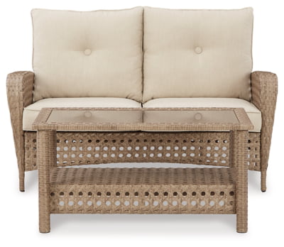 Signature Design by Ashley Braylee Outdoor 2 Piece Patio Driftwood Resin Wicker Cushioned Loveseat and Table, Rustic