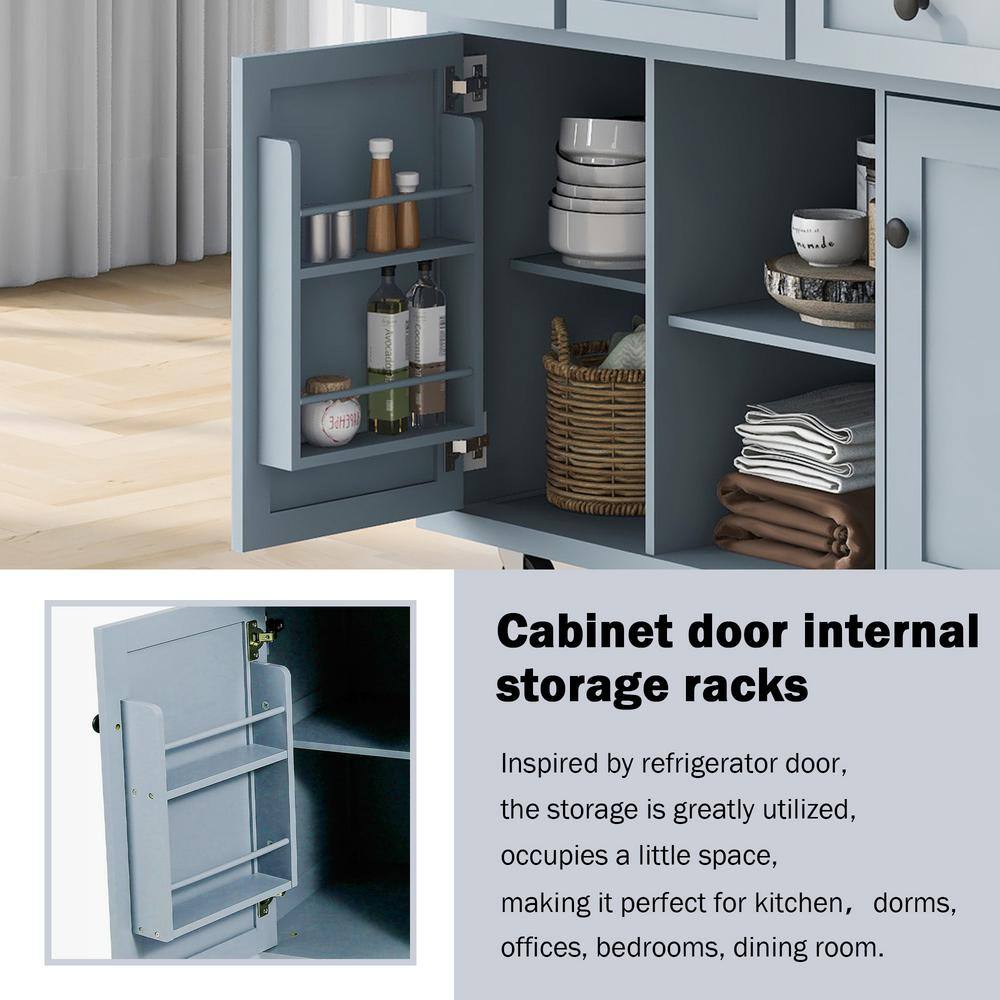 Cesicia Blue Rubberwood Drop-Leaf Countertop 53.1 in. Kitchen Island Cart with Cabinet Door Internal Storage Racks and 3-Drawer KIBE585