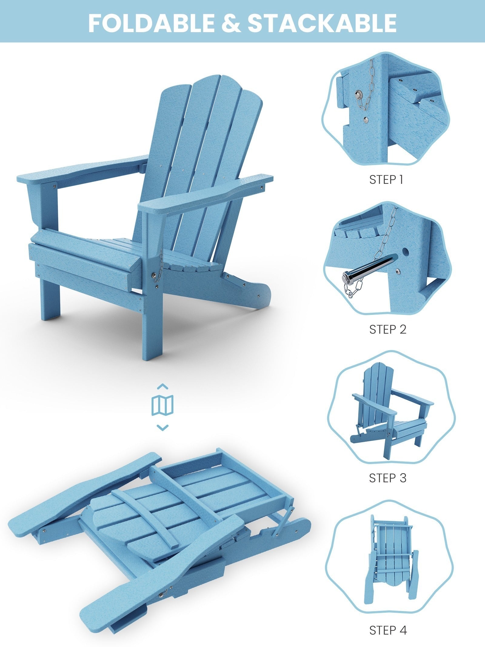 Folding Outdoor Patio Adirondack Plastic Chair for Garden, Light Blue