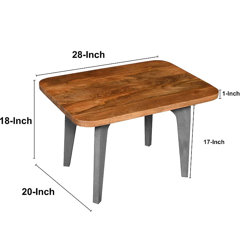 Wade 28 Inch Handcrafted Rectangular Coffee Table， Solid Natural Brown Mango Wood， Inverted U Shape Legs