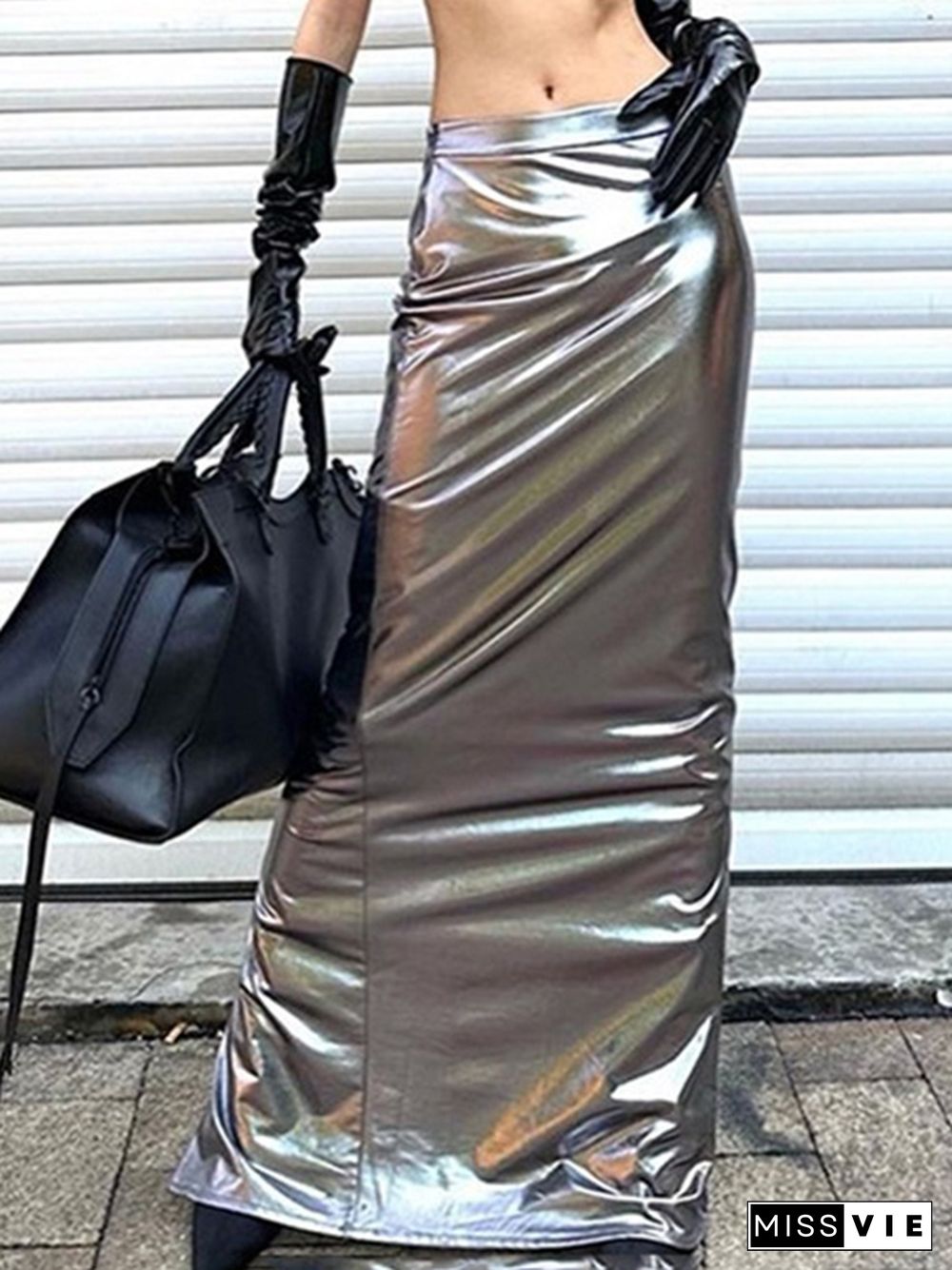 Metallic Low Waist Slim Maxi Skirt