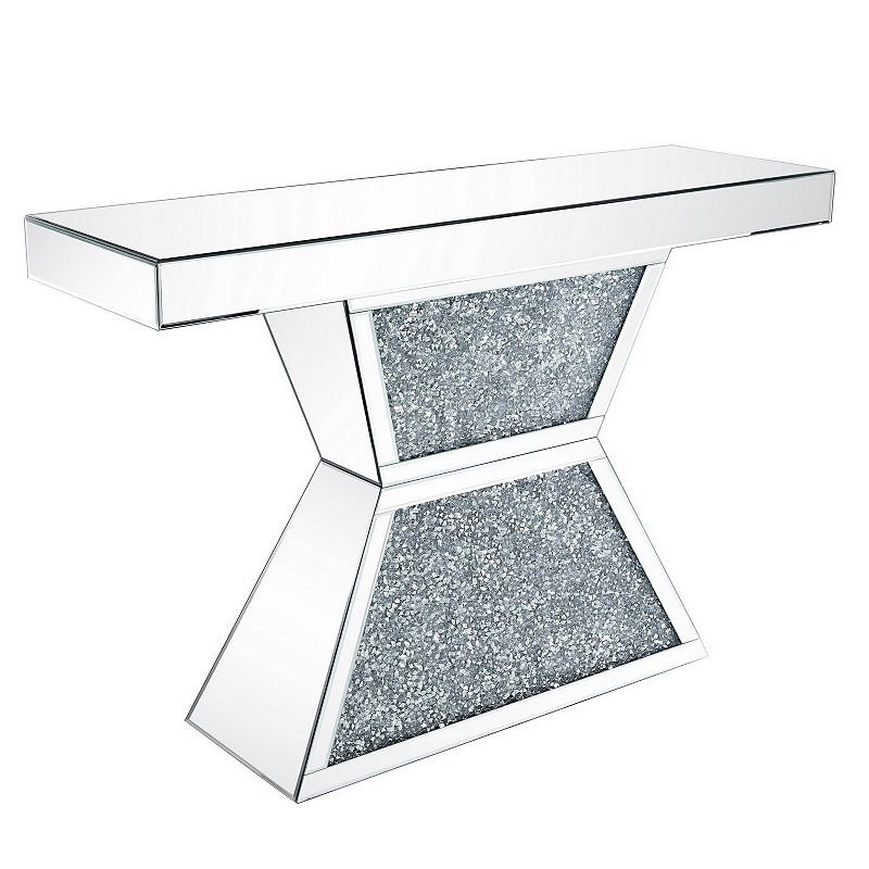 47 Inches Glass Top Console Table with Faux Stone Inlay， Silver