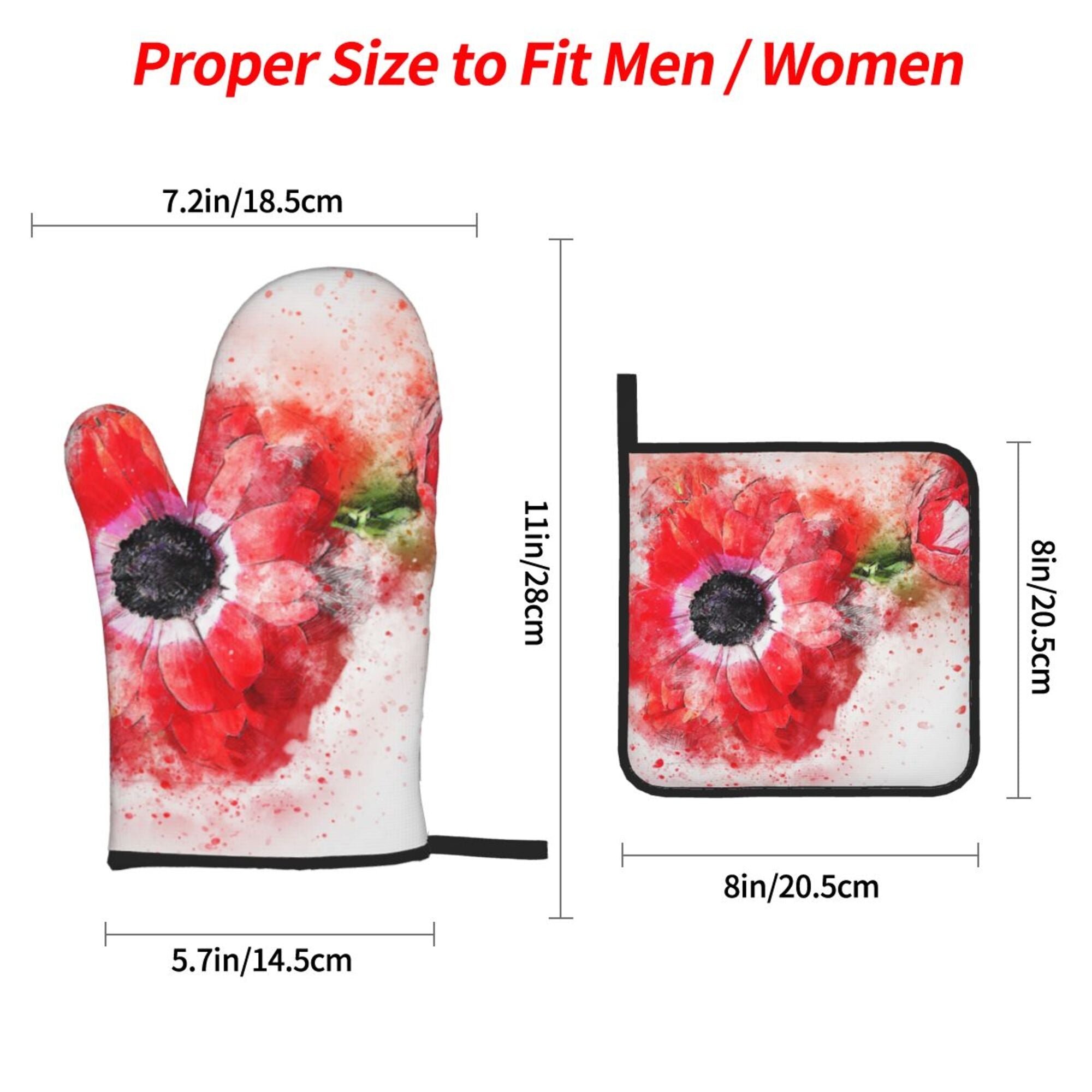 YFYANG Oven Mitts and Pot Holders Sets 4 Pieces， Non-Slip Heat Resistant Watercolor Red Flower Art Kitchen Glove Pot Mat for Cooking and Baking