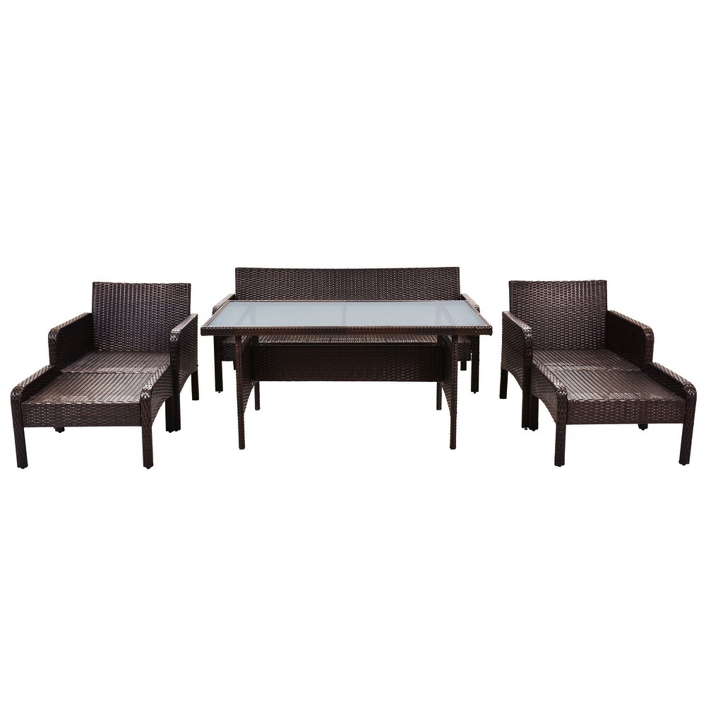 6 Piece Outdoor Patio PE Wicker Rattan Sofa Set Dining Table Set with Removable Cushions and Tempered Glass Tea Table