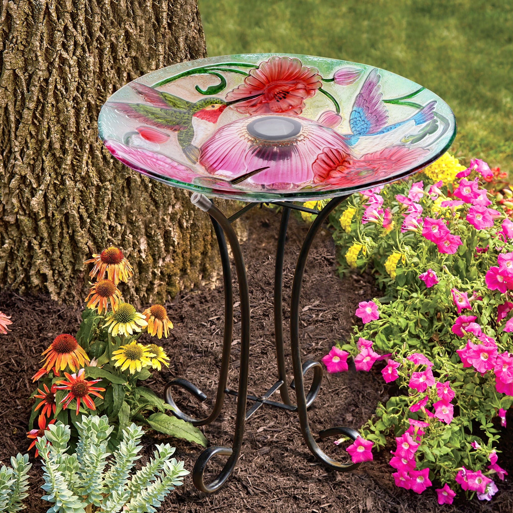 Hi-Line Gift Solar Led Floral Glass Bird Bath with Stand - Hummingbird & Poppies