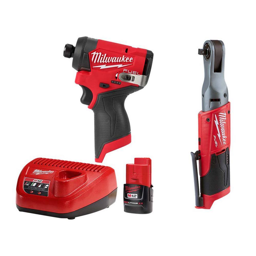 MW M12 FUEL 12-Volt Lithium-Ion Brushless Cordless 14 in. Impact and 38 in. Ratchet Combo wOne 2.0Ah Battery  Charger 3453-20-2557-20-48-59-2420