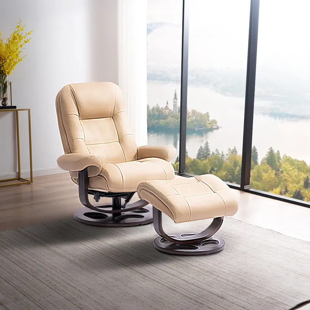 Wasatch Ivory Leather Swivel Recliner with Matching Ottoman