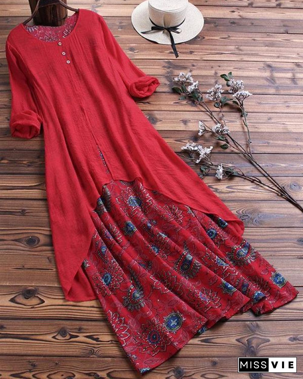 Vintage Printed Long Sleeve Crew Neck Patchwork Maxi Dresses