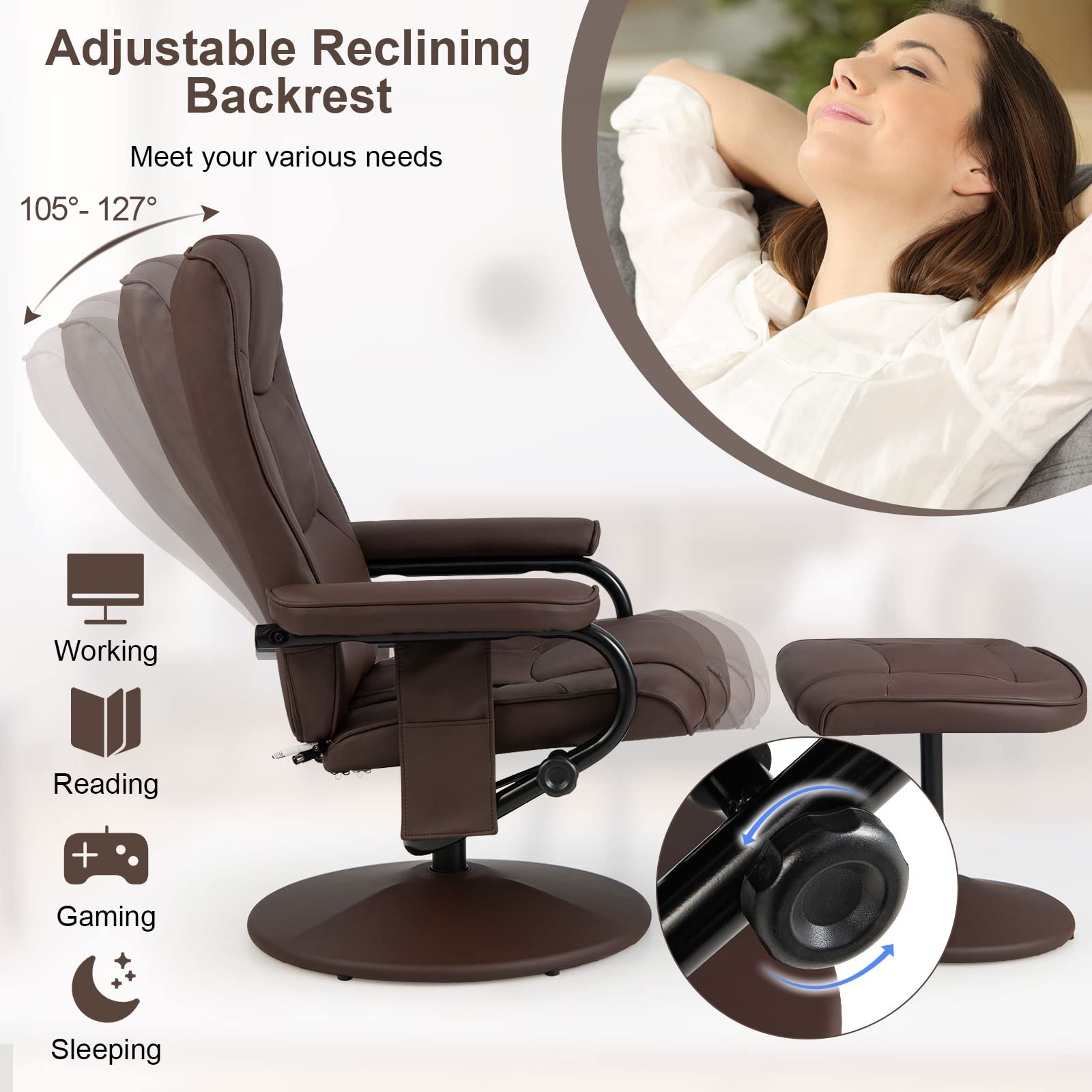 Giantex Recliner Chair with Ottoman, 360° Swivel Lounge Chair with Vibration Massage, Remote Control