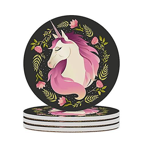 Round Drink Coasters 4 Pcs Unicorn Head In Wreath Of Flowers Absorbent Ceramic Coaster With Cork Base For Coffee Cups Housewarming Gift For Home Decor