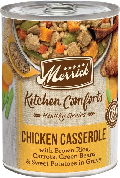 Merrick Kitchen Comforts Chicken and Rice Wet Dog Food， 12.7-oz can， case of 12