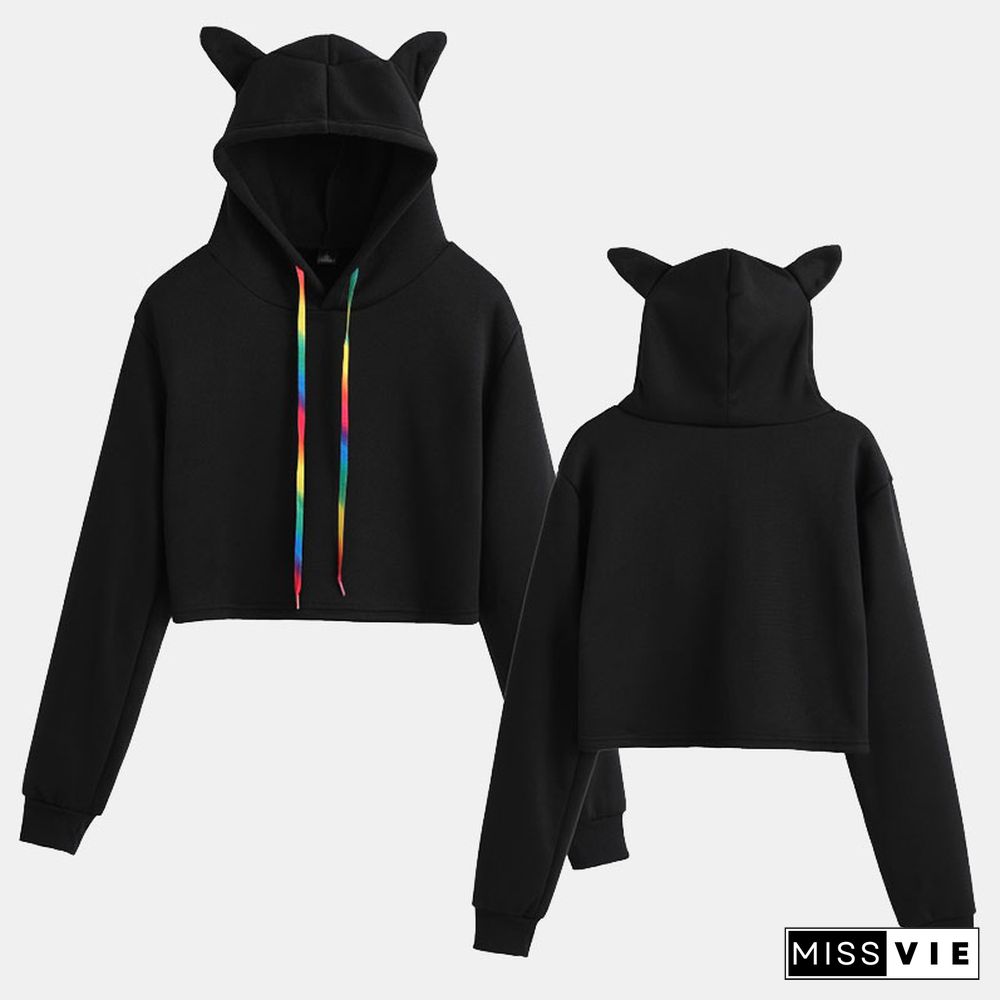 Pure Color Cat Ears Short Hoodie