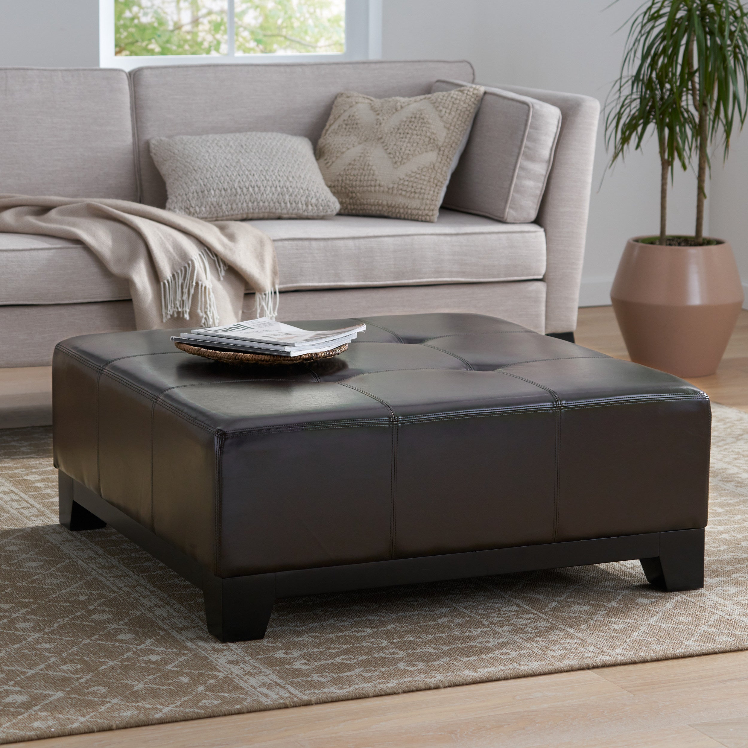 Avalon Button Tufted Espresso Leather Square Ottoman Coffee Table