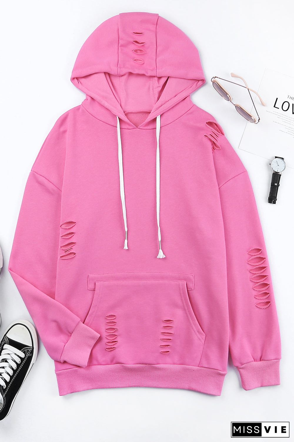 Solid Ripped Hooded Sweatshirt With Kangaroo Pocket