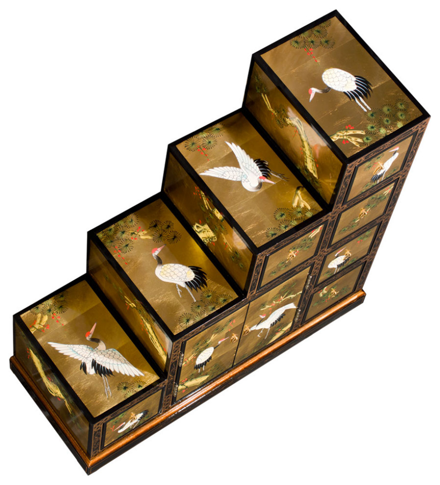 Gold Leaf Hand Painted Crane Motif Japanese Step Tansu Cabinet   Asian   Accent Chests And Cabinets   by China Furniture and Arts  Houzz