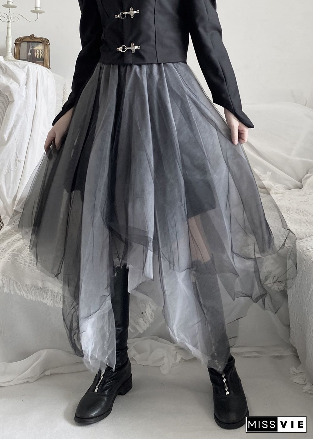 DIY Black Asymmetrical Wrinkled Solid Tulle A Line Skirt Fall