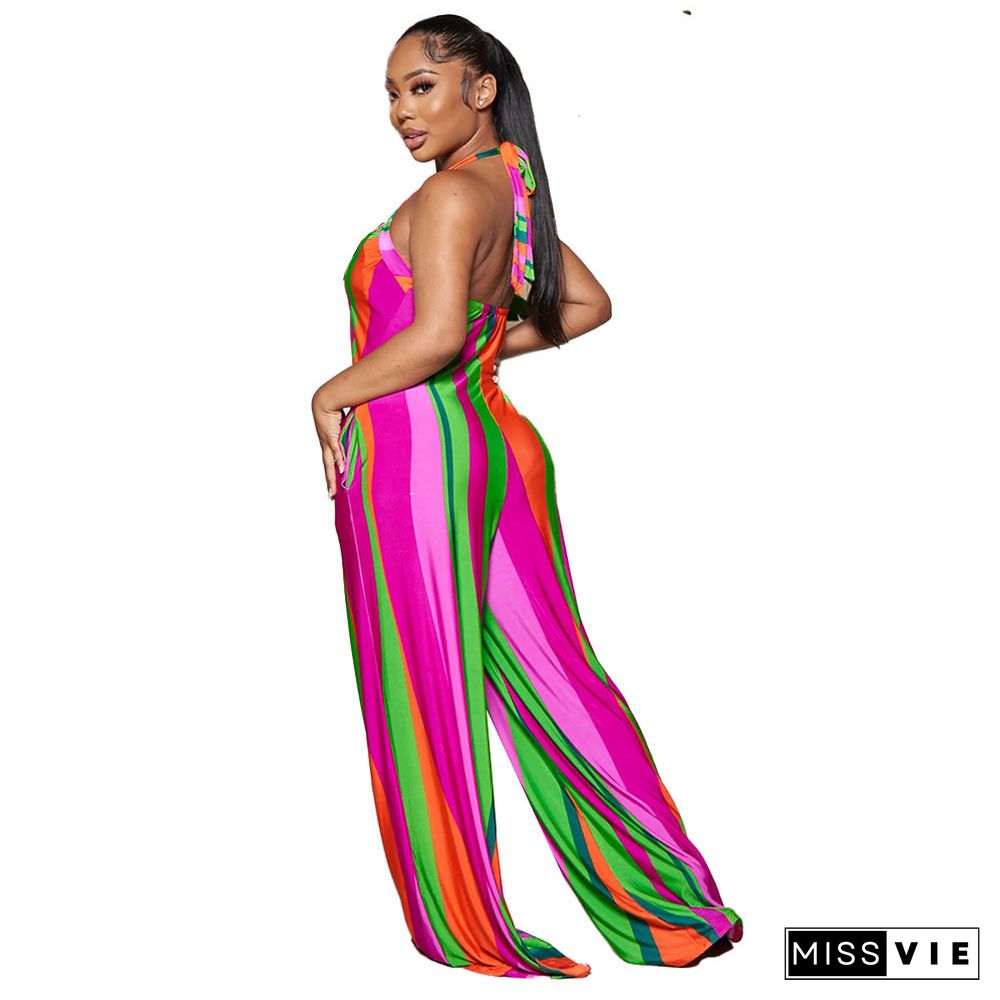 Striped Print Halter Backless Wide Leg Jumpsuit