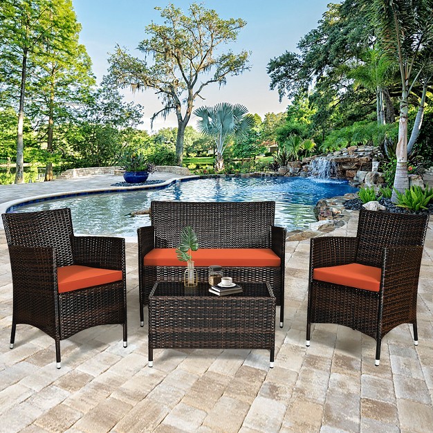 Tangkula 4pcs Patio Rattan Conversation Furniture Set Outdoor W Orange Cushion