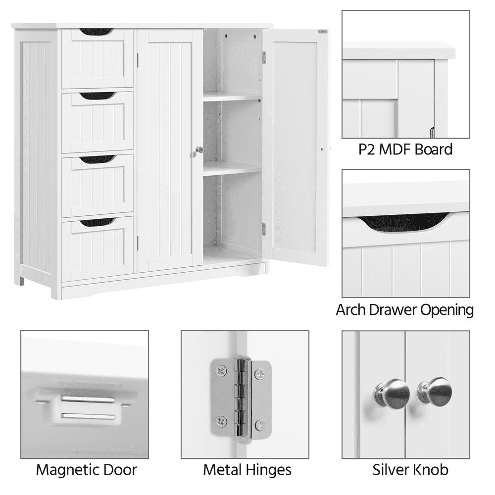 SmileMart Wooden Bathroom Floor Storage Cabinet with 4 Drawers and Double Doors for Home, White