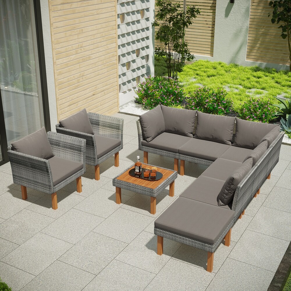 9 piece Outdoor Patio Garden Sofa Set PE Rattan with Wood Legs Acacia Wood Tabletop Coffee Table Armrest Chairs with Cushions