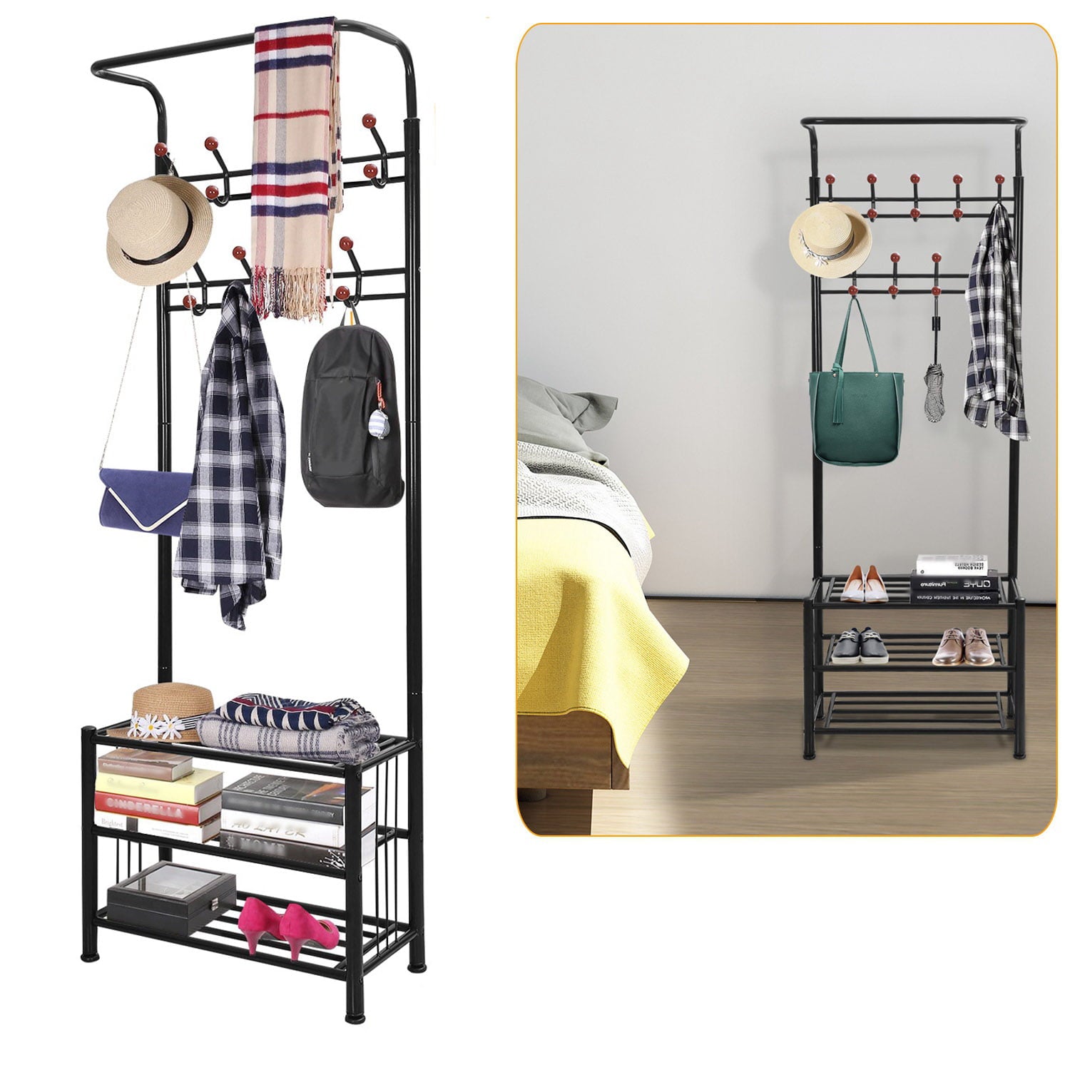 iMountek 18 Hooks Metal Coat Hat Rack 3-Tier Shoe Shelf Stand Cloth Hanger Holder Standing Entryway Shelf