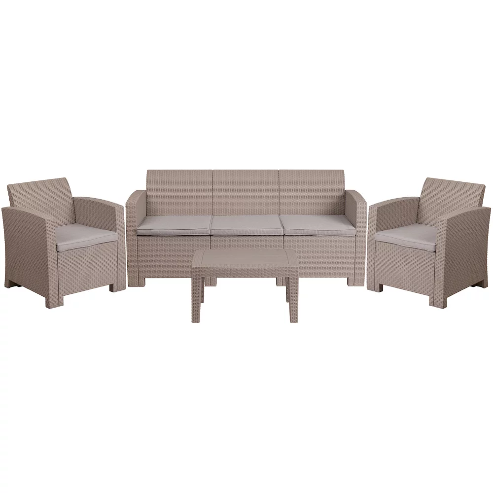 Flash Furniture Outdoor Faux Rattan Chair， Couch， and Coffee Table 4-piece Set