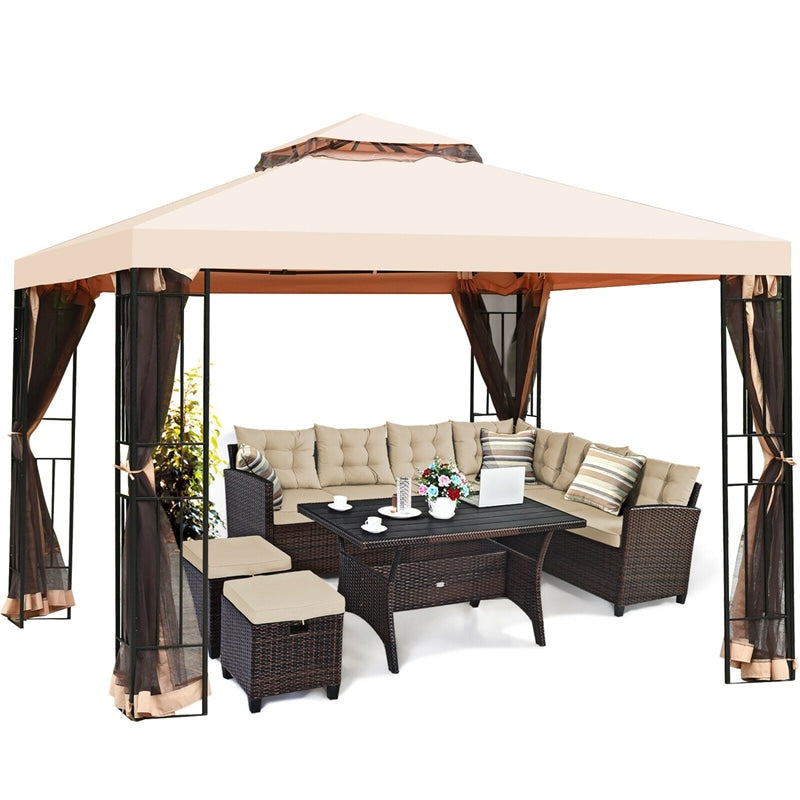 10 x 10 FT Patio Metal Gazebo with Netting, 2 Tier Vented Roof Outdoor Canopy Gazebo Tent