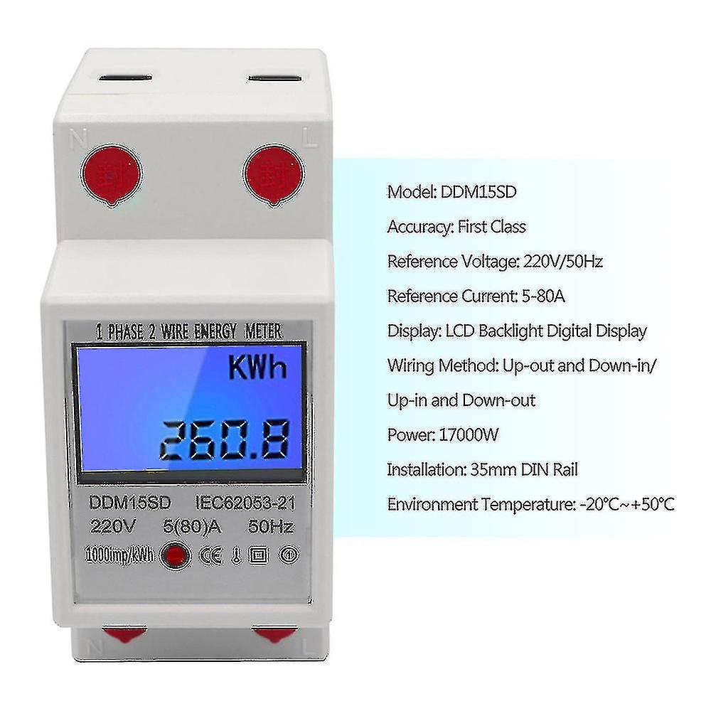 Single Phase Din Rail Energy Meter 5-80a 220v Electronic Kwh Meter With Lcd Backlight Digital Displa