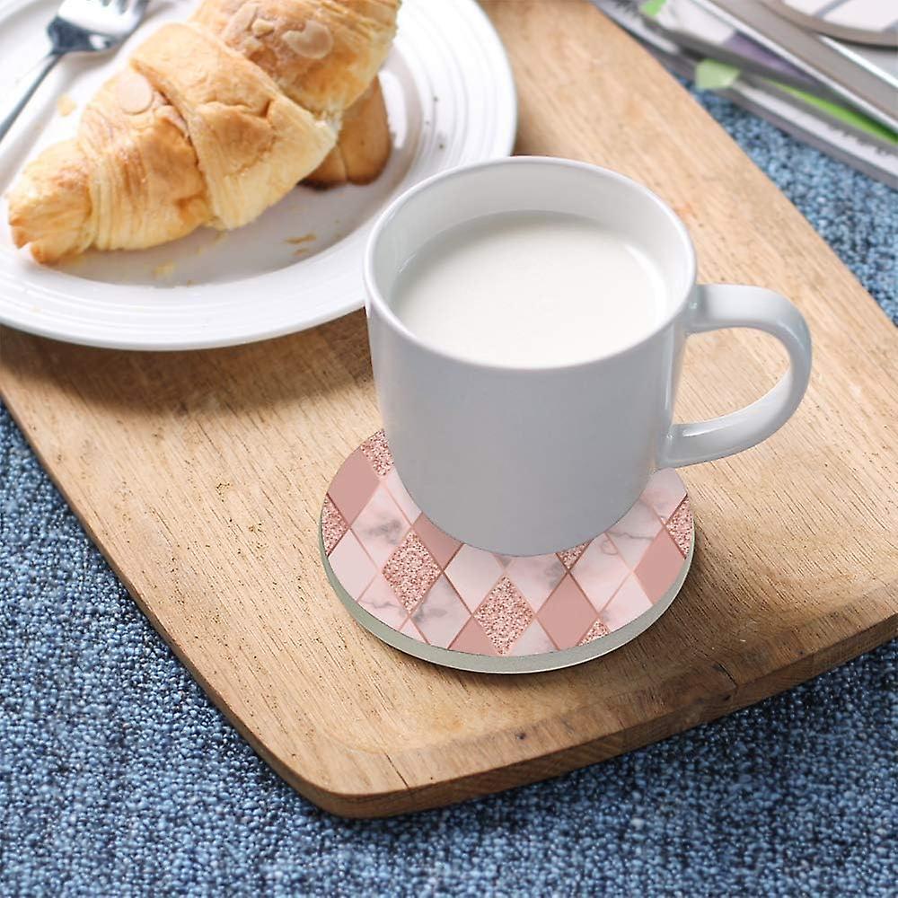 Printed Round Pink Marble Geometric Design Ceramic Coasters With Cork-backed For Coffee Drink Cup Mat Absorbent Stone Coaster Set Of 1/2/4