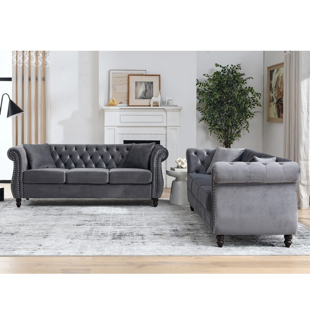 Velvet Upholstered Chesterfield Sofa Set Ergonomic Nailheads Couches Set with Removable Cushions for Livingroom