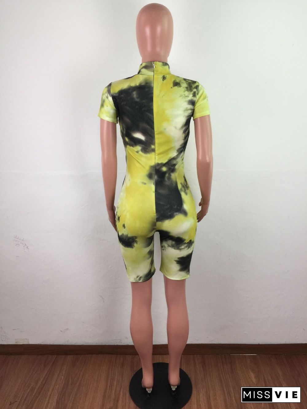 Tie-Dye Printed Short-Sleeved Slim Romper Including Mask