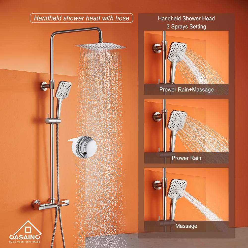 CASAINC 3-Spray Patterns 9.8 in. Tub Wall Mount Dual Shower Heads Thermostatic Shower Faucet in Brushed Nickel HM-T105-SQ-BN