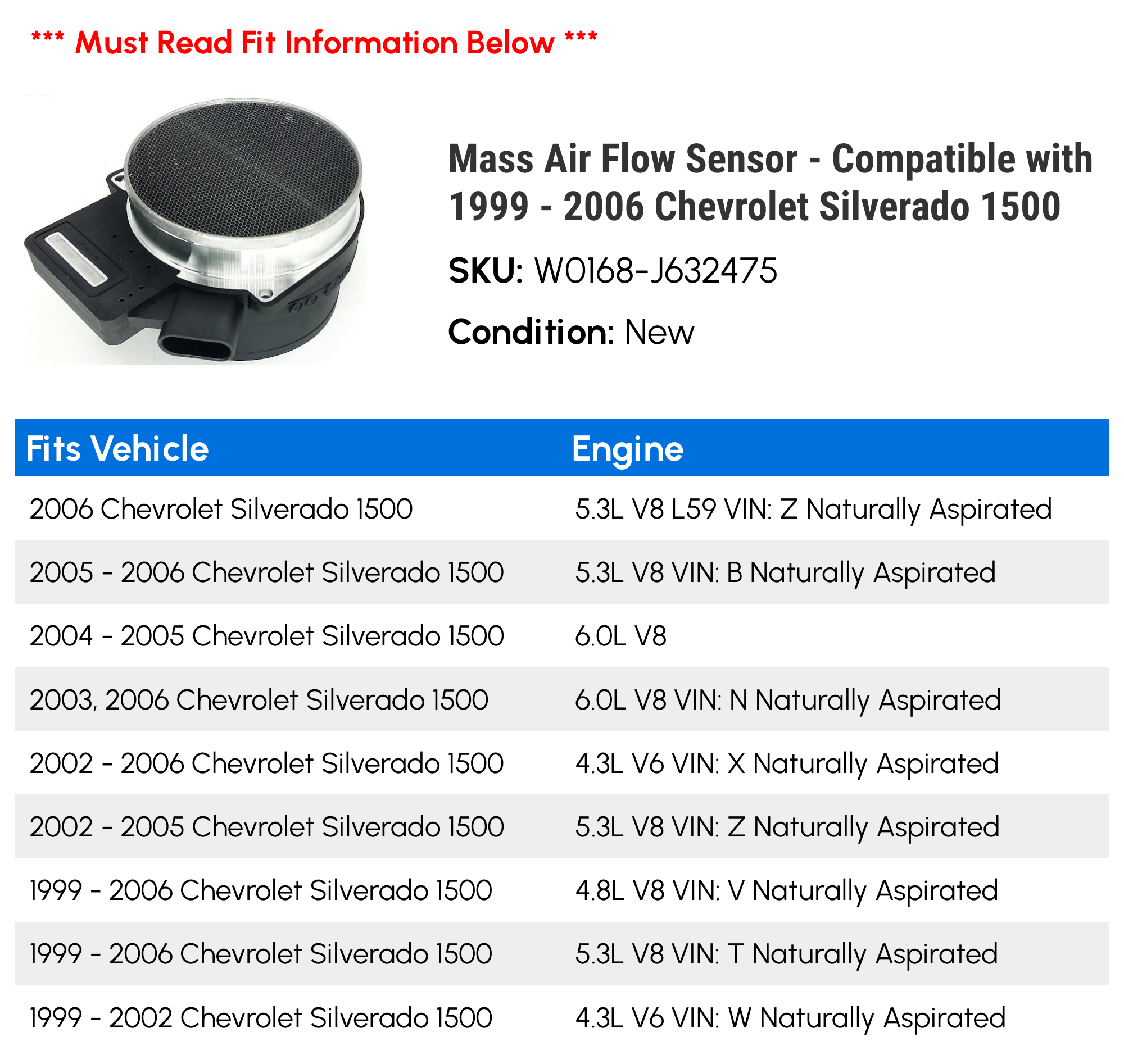 Mass Air Flow Sensor - Compatible with 1999 - 2006 Chevy Silverado 1500 2000 2001 2002 2003 2004 2005