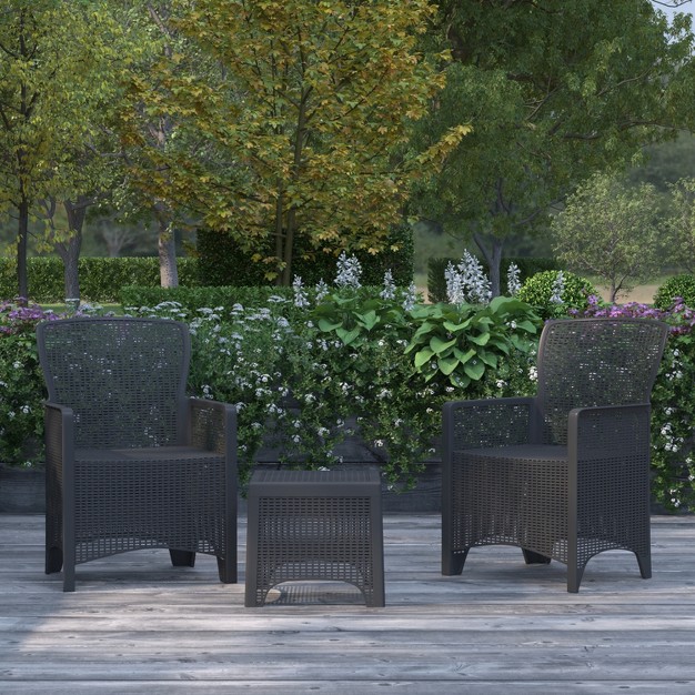 Merrick Lane Outdoor Furniture 3 Item Set Faux Rattan Resin Wicker Lounge Chairs And Side Table Dark Gray Patio Furniture