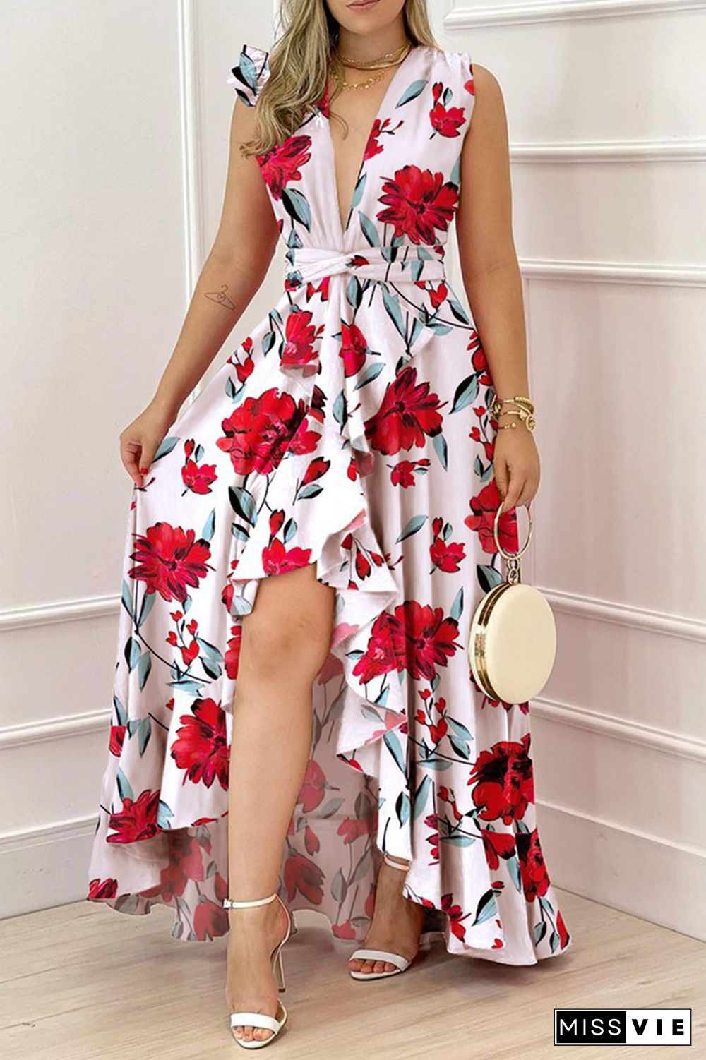 Vacation Print Flounce V Neck Waist Skirt Dresses(4 colors)