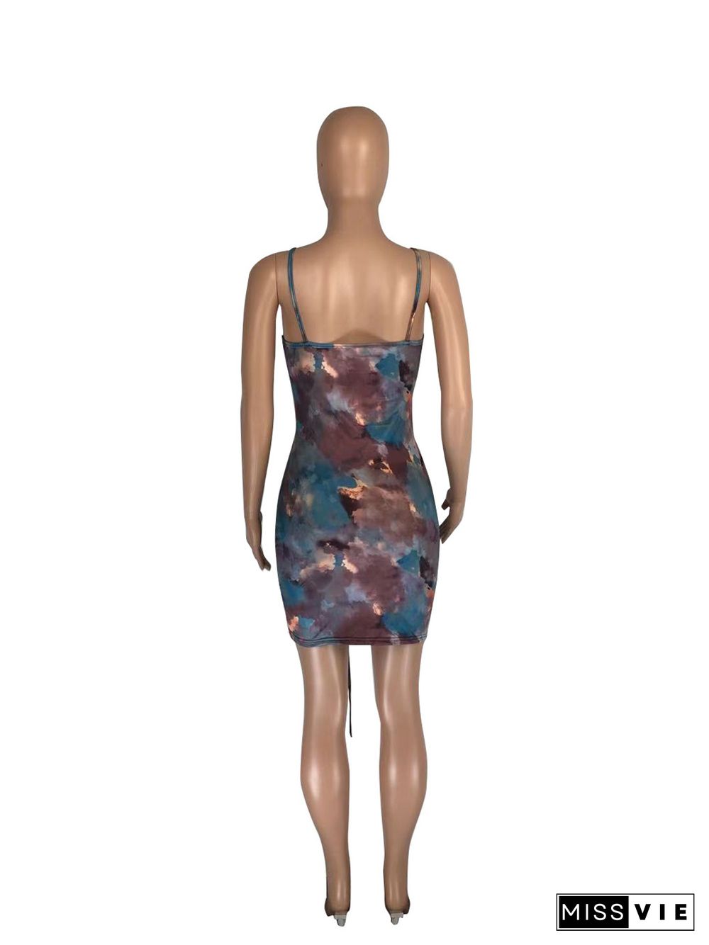 Tie Dye Print Sleeveless Drawstring Ruched Bodycon Midi Dress