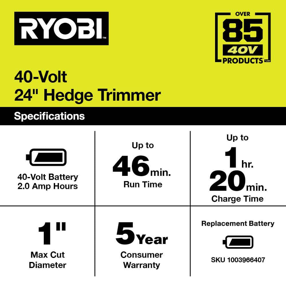 RYOBI 40V 24 in Cordless Battery Hedge Trimmer with 20 Ah Battery and Charger