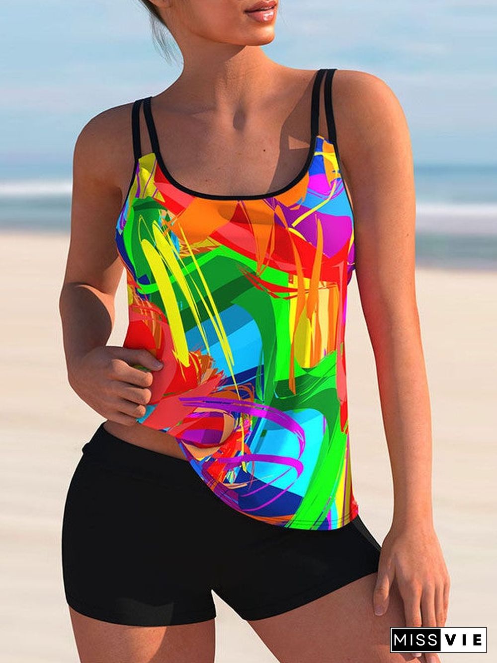 Plus Size Swimwear Sleeveless Floral Printed  Bright Striped Tankini