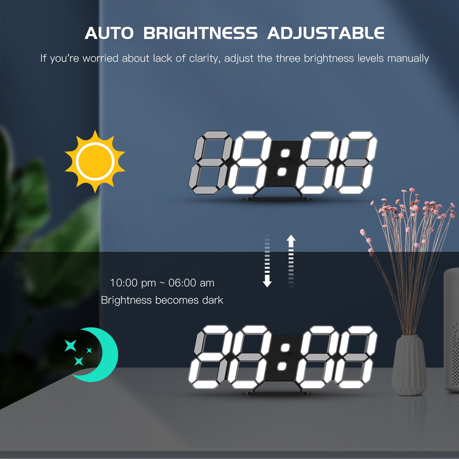 EDUP LED Digital Alarm Clock 3D Table Wall Clocks 9.7” Black 12/24H Display Table Led Clocks 12/24 Date Temperature Night Light Office Kitchen Living Room Kid