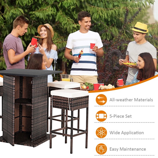 Costway Patio 5pcs Rattan Bar Table Stool Set Hidden Storage Shelf Cushioned