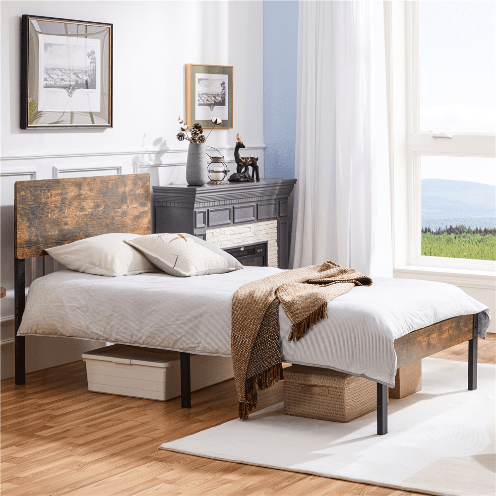 Topeakmart Platform Metal Twin Bed Frame with Wooden Headboard & Footboard